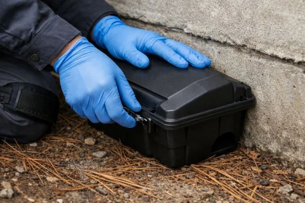 Professional rat control bait station placement along Fayetteville NC residential foundation